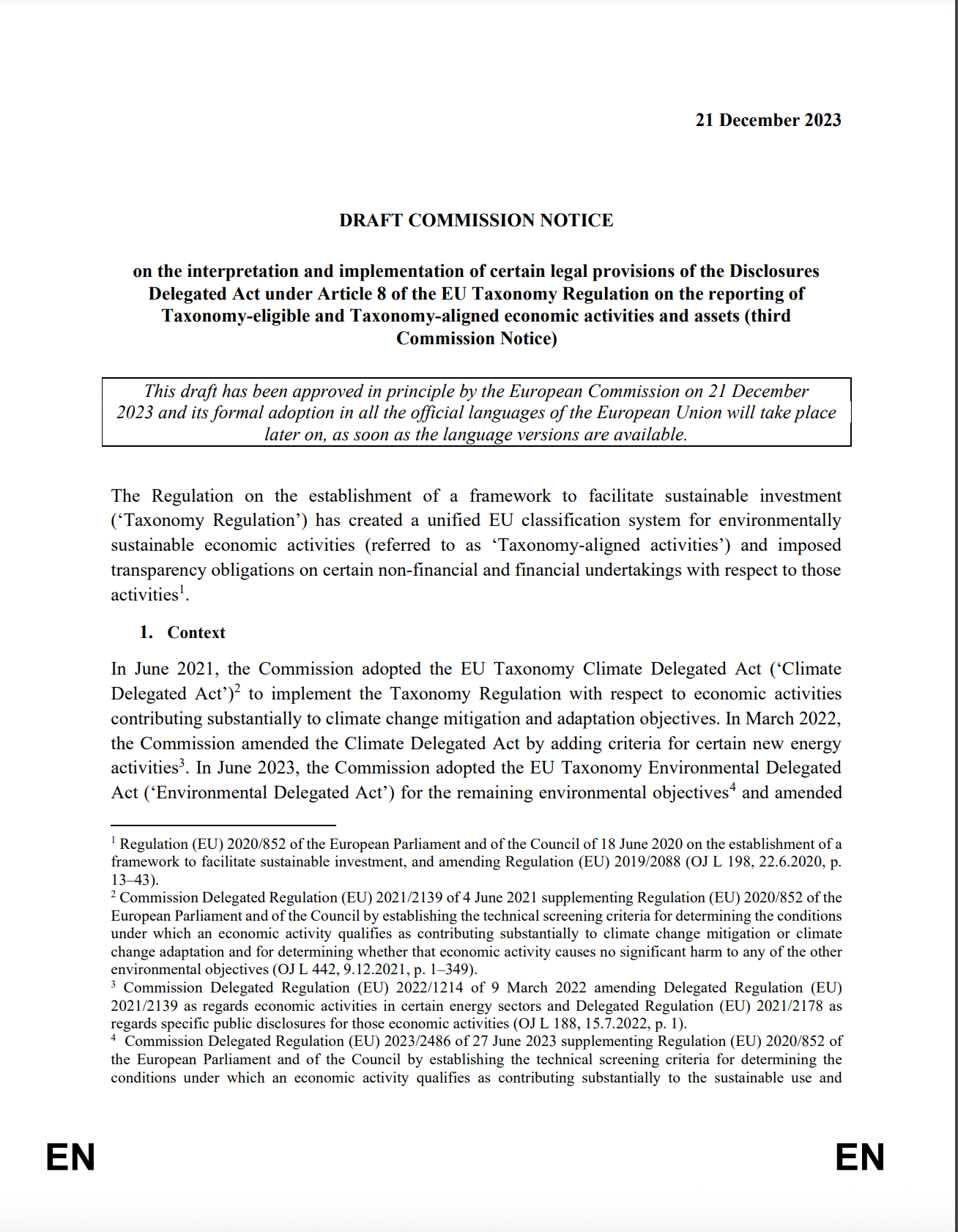 Comunicación de la CE sobre la interpretación e implementación de ciertas disposiciones legales del acto delegado sobre divulgación de información con arreglo al artículo 8 del Reglamento de Taxonomía de la UE sobre la notificación de actividades y activo