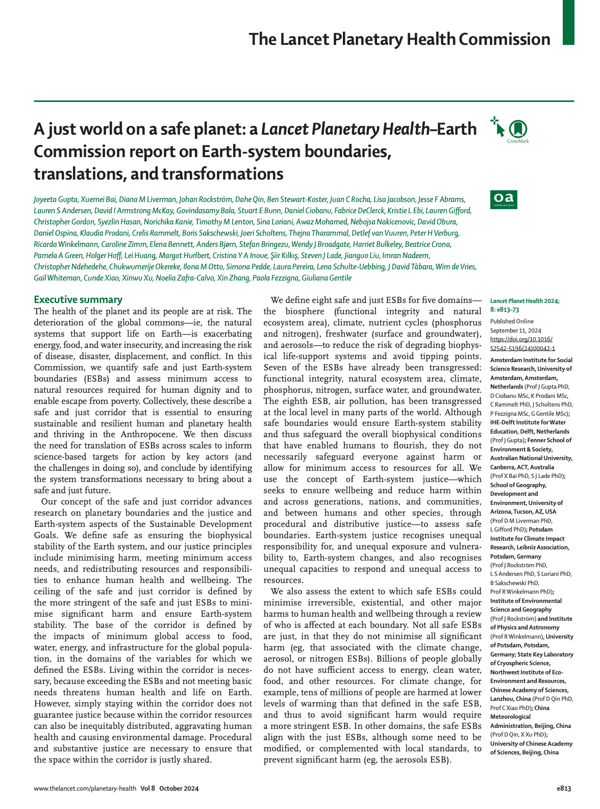 A just world on a safe planet: a Lancet Planetary Health–Earth Commission report on Earth-system boundaries, translations, and transformations